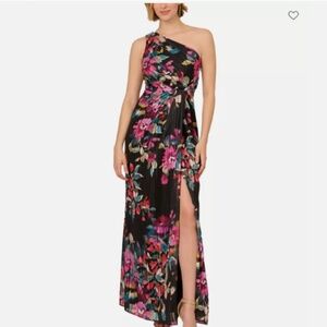 Adrianna Papell Floral One-Shoulder Maxi Dress - Black and Pink